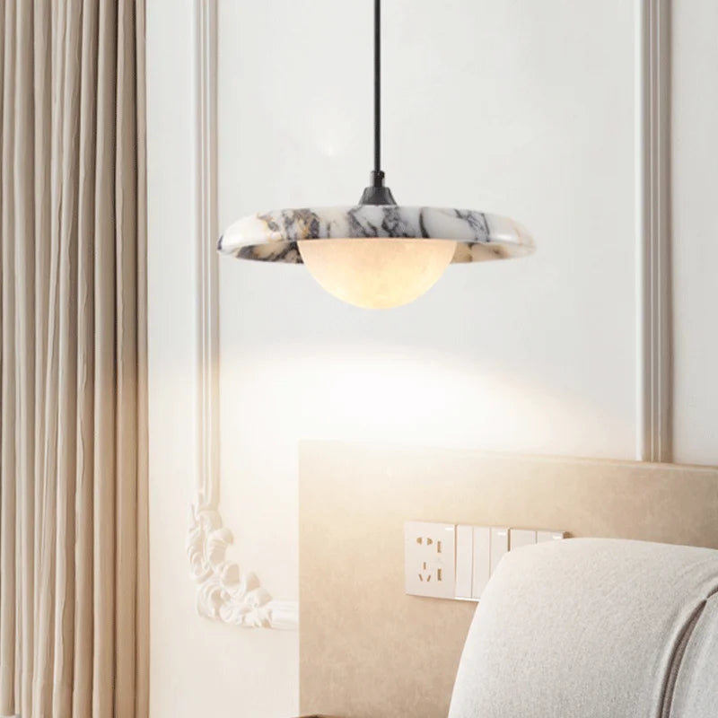 Luxury Veined Marble Saucer Pendant Light with Glowing Dome for Bedroom