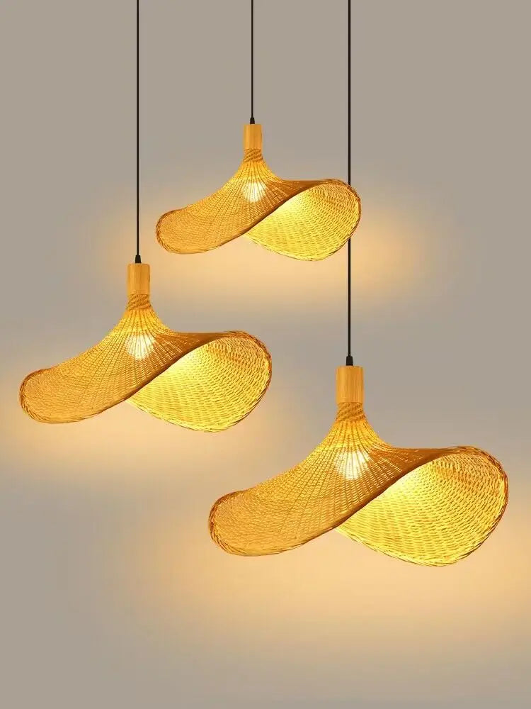 Bohemian Rattan Pendant Light - Woven Hat Design