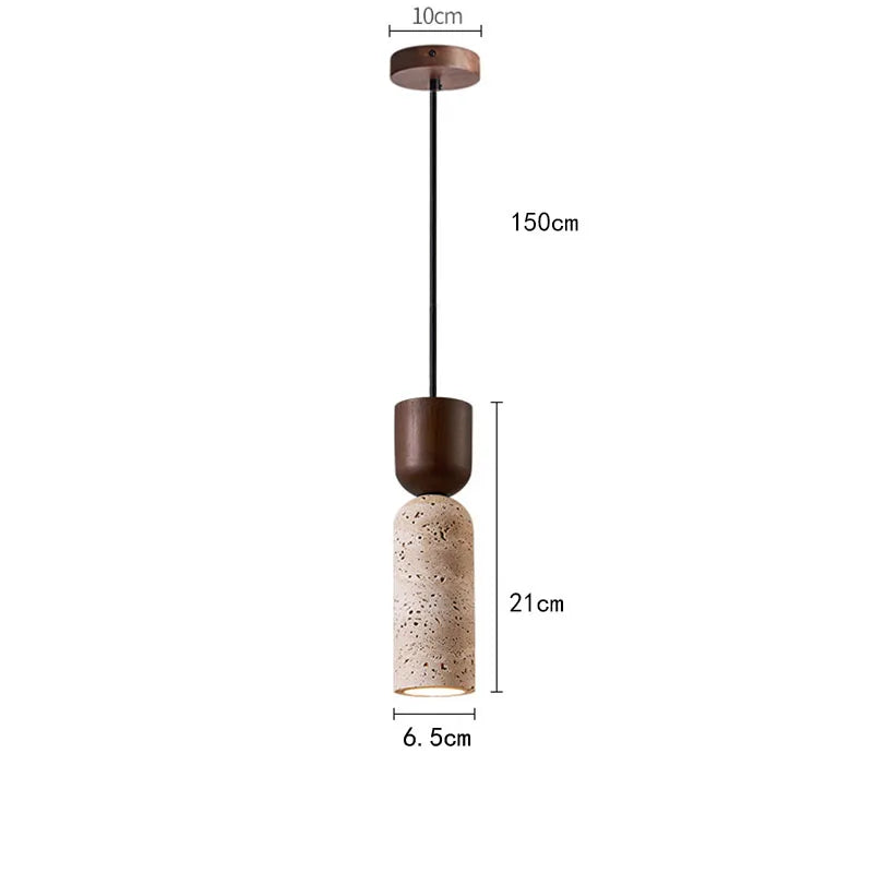 Wabi Sabi Travertine Cylinder Pendant Light with Walnut Top for Bedside