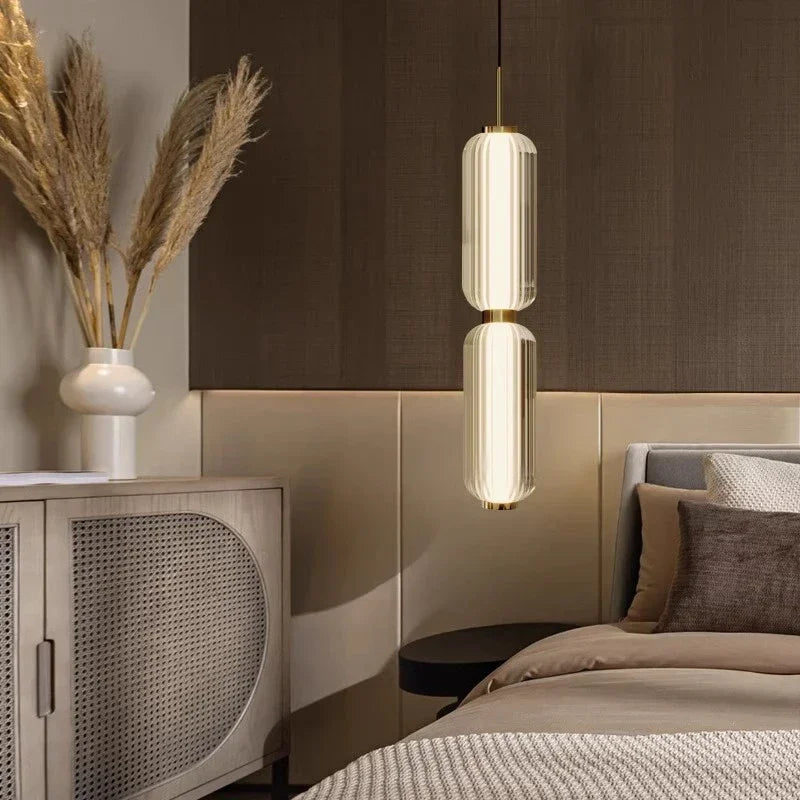 Modern Ribbed Glass Capsule Linear Chandelier in Gold for Dining Table