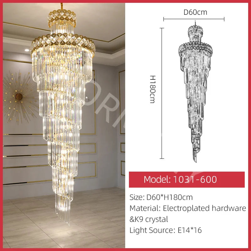 Modern Luxury Stairs Large Crystal Chandeliers Hanging Lamp Villa Hotel Lobby Loft Living Room Decor Rotating Long Pendant Light