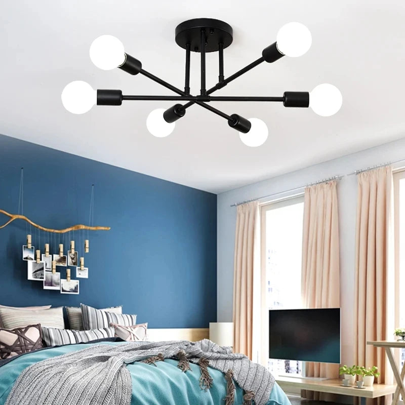 Modern Gold Sputnik Semi Flush Ceiling Light for Bedroom and Living Room