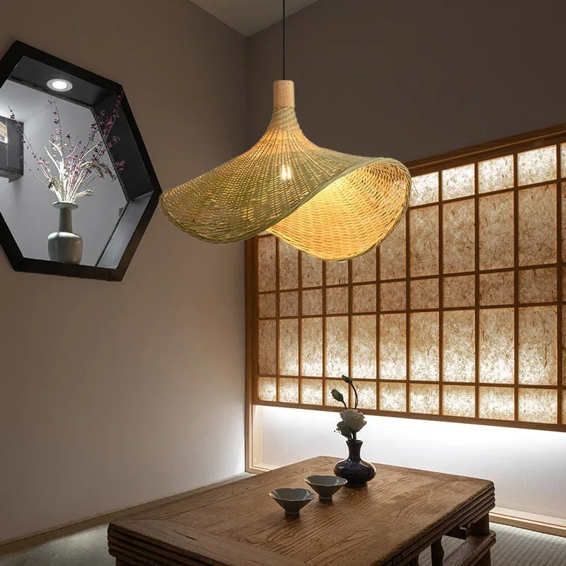 Bohemian Rattan Pendant Light - Woven Hat Design