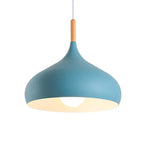 Nordic Matte Dome Pendant Light with Wood Top in Blue for Dining Room