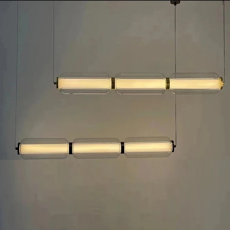 Modern Ribbed Glass Capsule Linear Chandelier in Gold for Dining Table