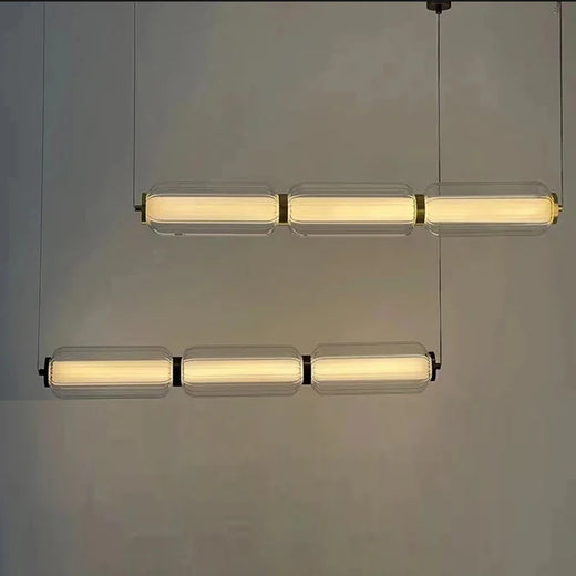 Modern Ribbed Glass Capsule Linear Chandelier in Gold for Dining Table