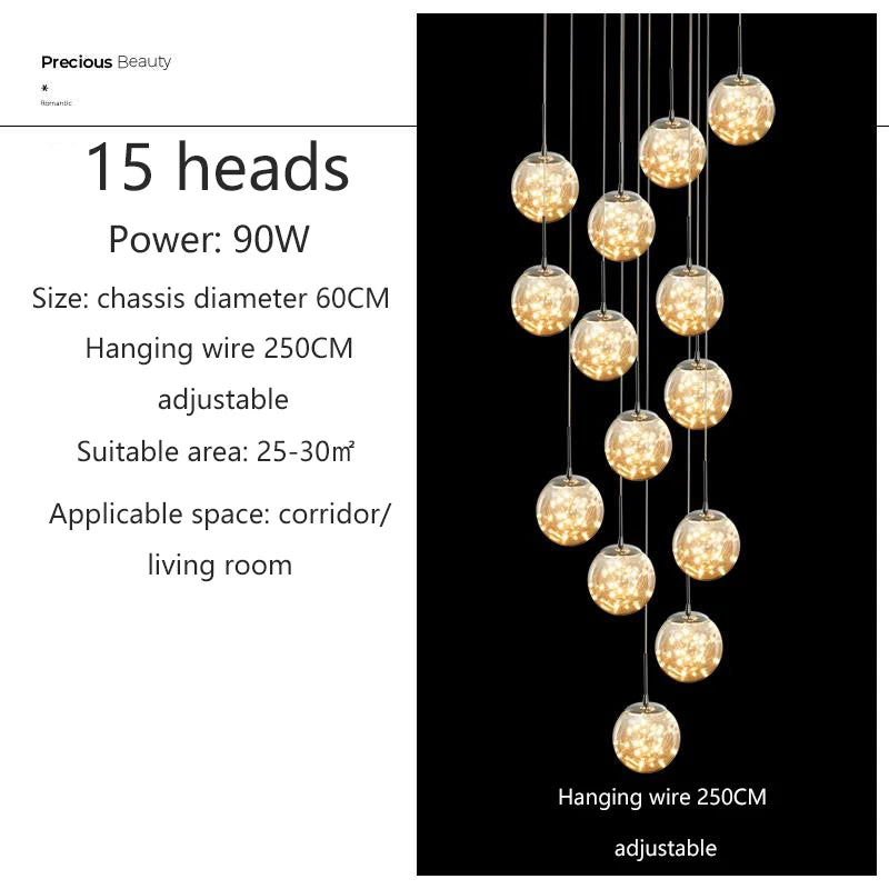 Starry Glass Ball Cluster Chandelier for Staircase in Smoky Gray and Cognac