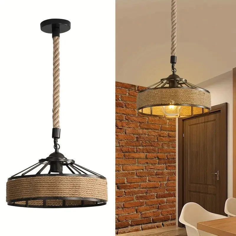 Rustic Hemp Rope Drum Pendant Light with Iron Frame for Dining Room