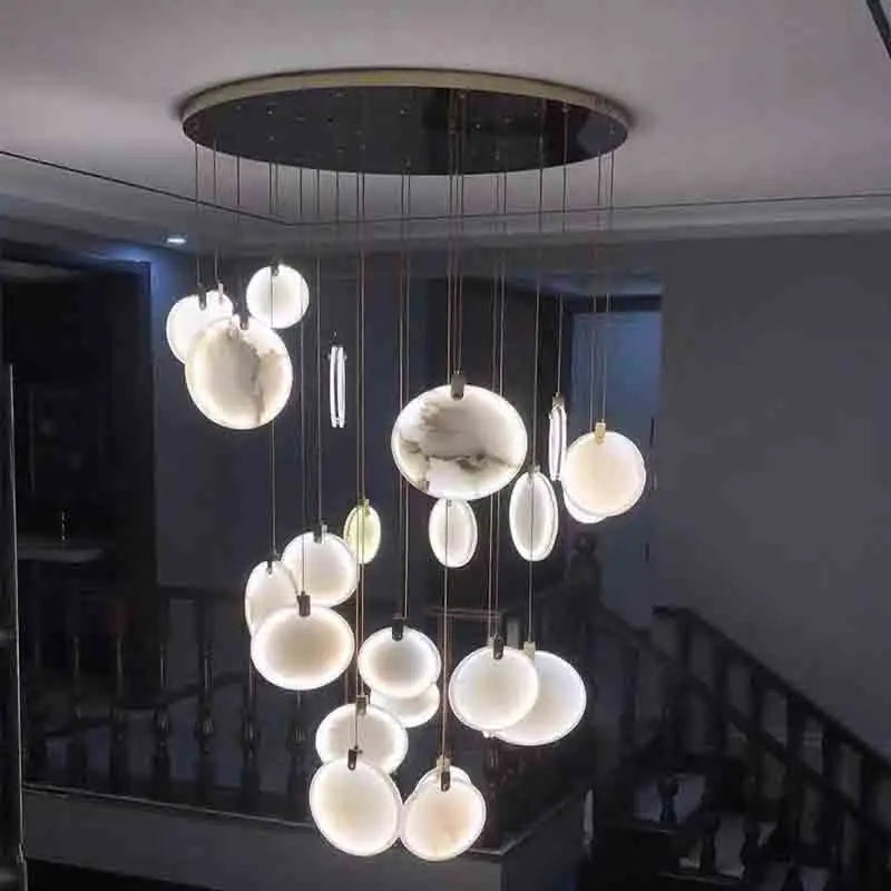 Luxury Alabaster Marble Disc Chandelier for Staircase and Lobby
