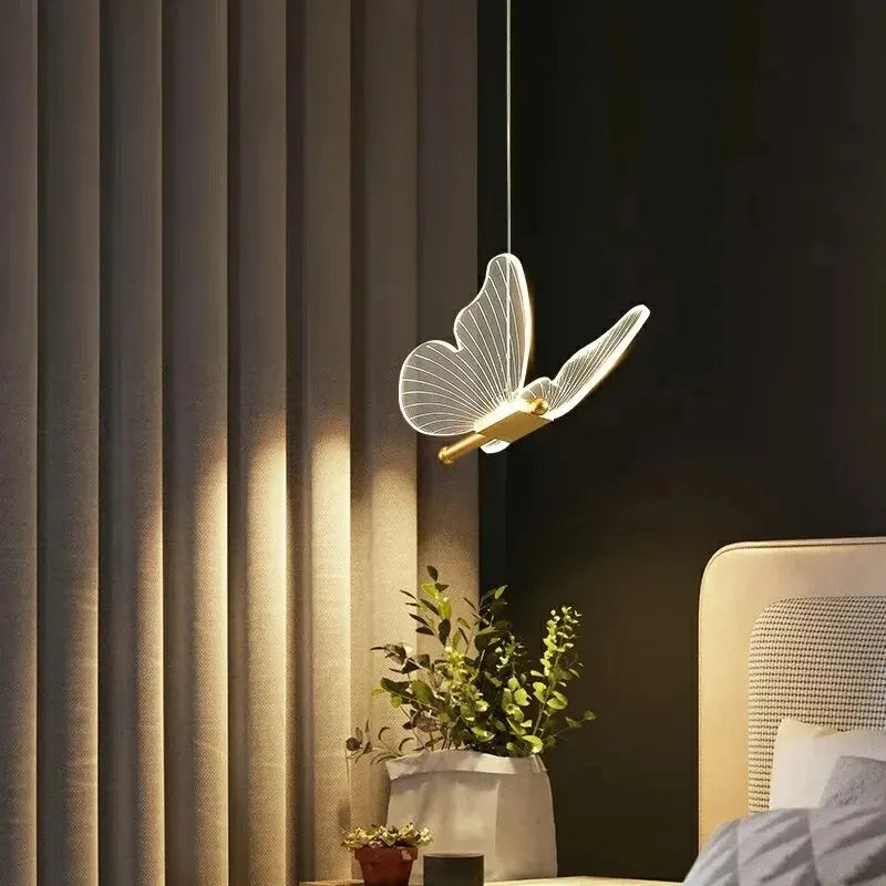 Butterfly LED Pendant Light in Gold with Clear Wings for Bedside