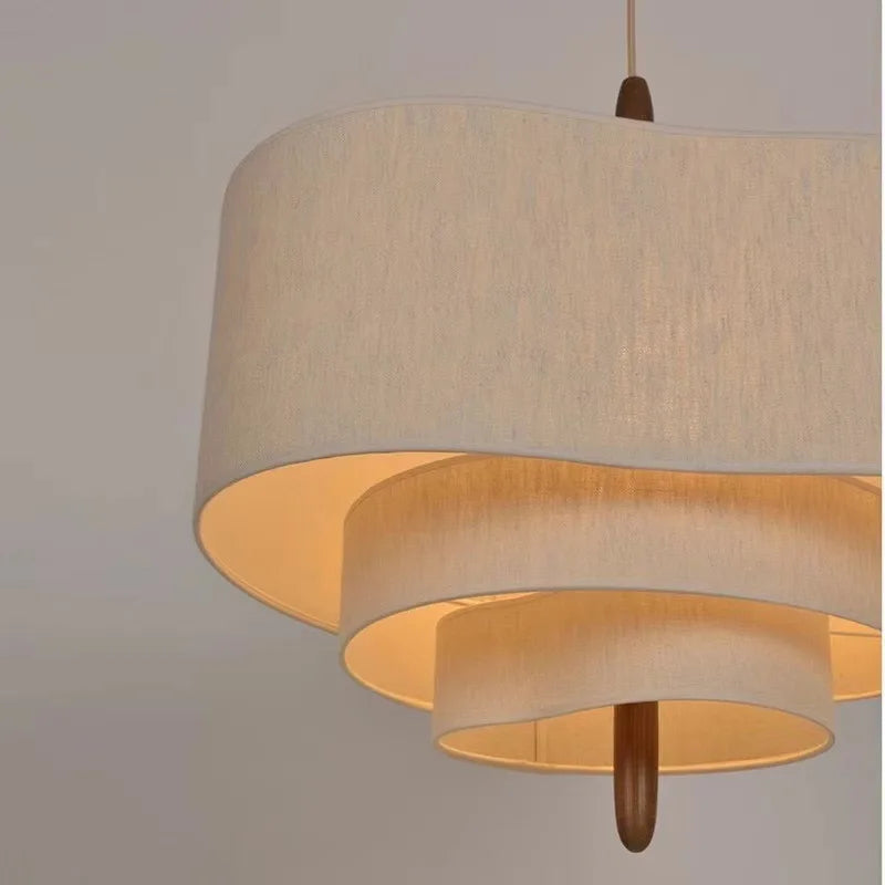 Japanese Cream Fabric Layered Drum Pendant Light for Dining Room