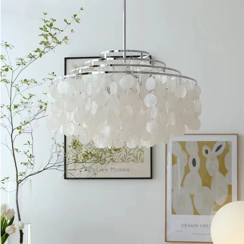 French Capiz Shell Spiral Chandelier in Chrome and Gold for Bedroom
