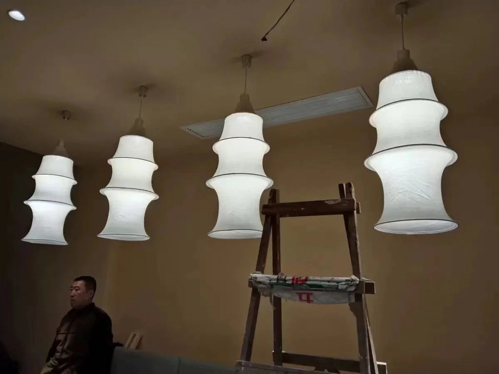 Wabi Sabi Silk Pagoda Column Pendant Light for Staircase and Loft