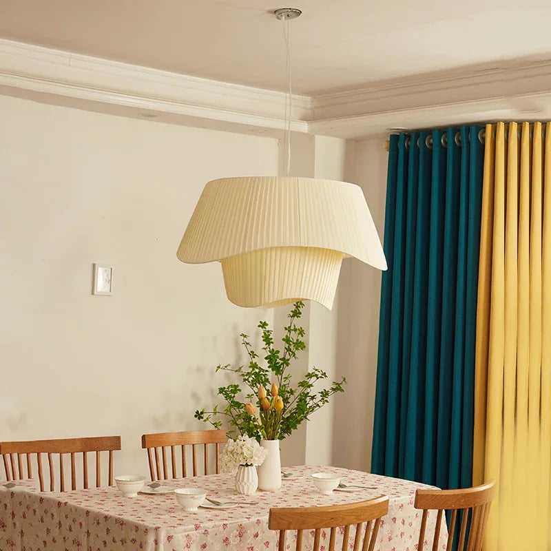 Nordic Cream Pleated Wave Fabric Pendant Light for Living Room