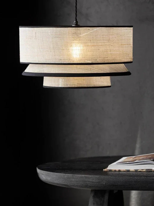 Japanese Linen Three Tier Drum Pendant Light with Black Trim for Dining Room