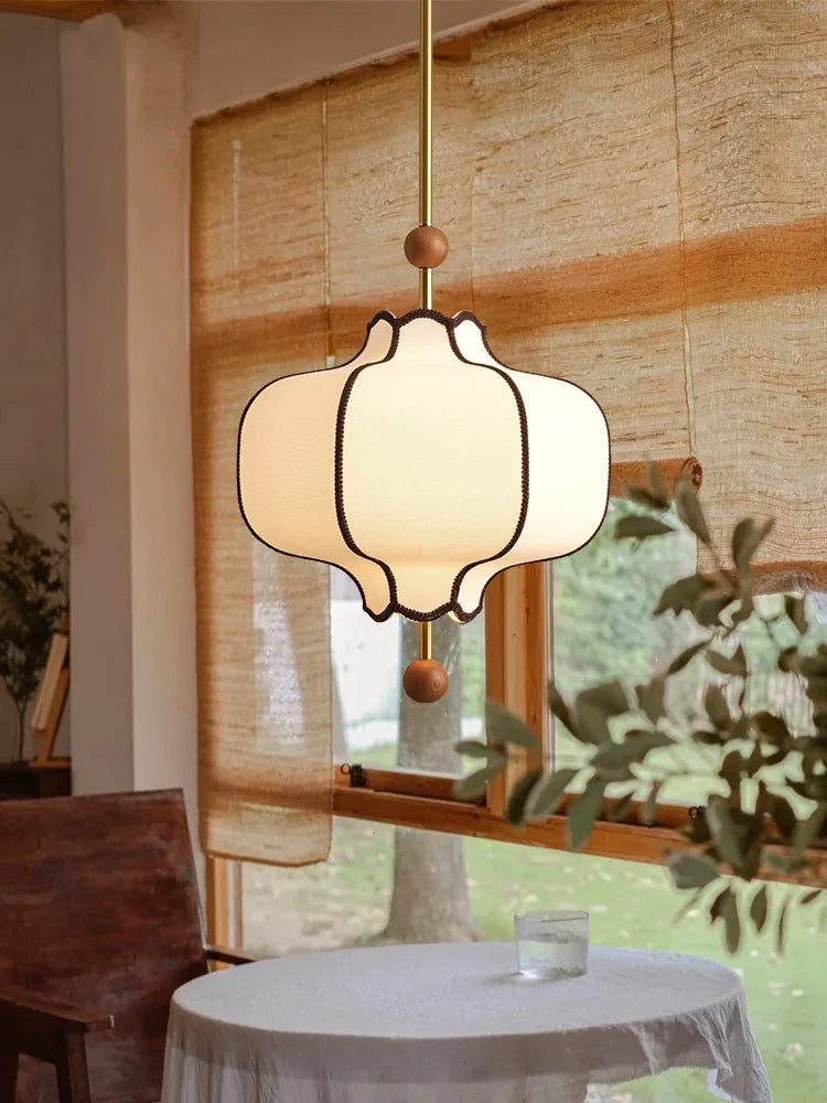 Vintage Fabric Lantern Pendant Light with Wood Beads for Bedside