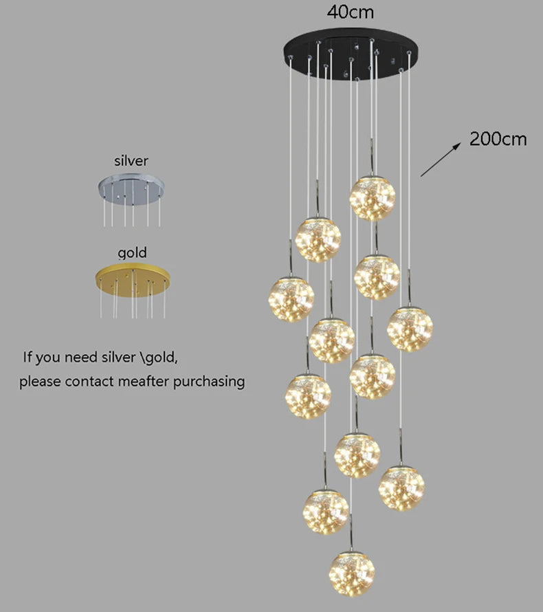 Lámpara colgante de esfera de cristal nórdico para hueco de escalera