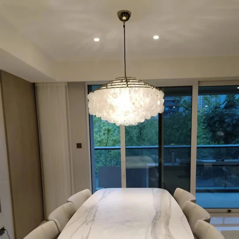 French Capiz Shell Spiral Chandelier in Chrome and Gold for Bedroom