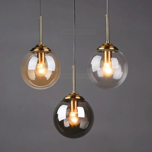Nordic Glass Ball Pendant Light 15cm with Brass Stem for Bedside