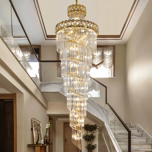 Grand Cascading Crystal Chandelier in Gold for Staircase and Hotel Lobby