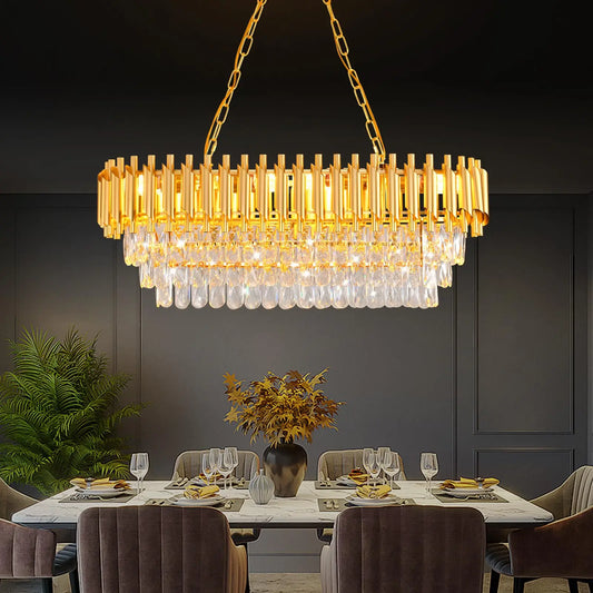 Modern 3-Tier K9 Crystal Oval Chandelier with Gold Finish for Elegant Interiors