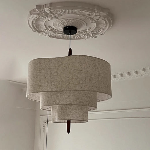 Wabi Sabi Linen Tiered Drum Chandelier with Walnut Accent for Living Room