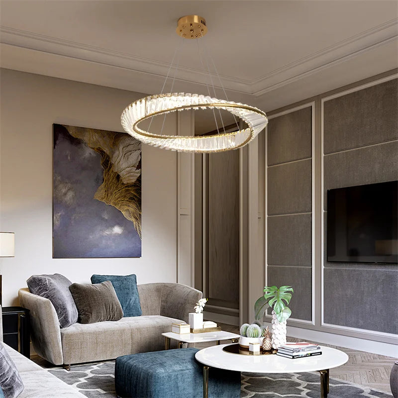 Luxury Crystal Twist Ring Chandelier in Gold for Dining Room
