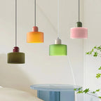 Retro Stained Glass Cylinder Pendant Light in Pastel Colors for Bedside