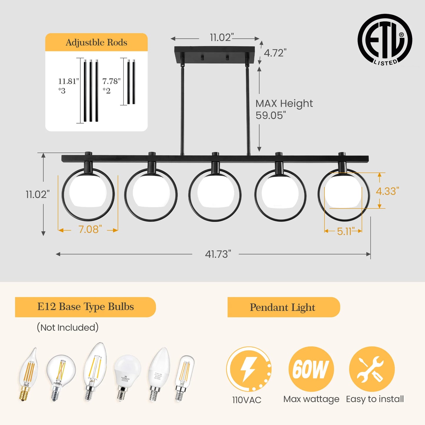 Minimalist Iron Glass Pendant Light 5-Light