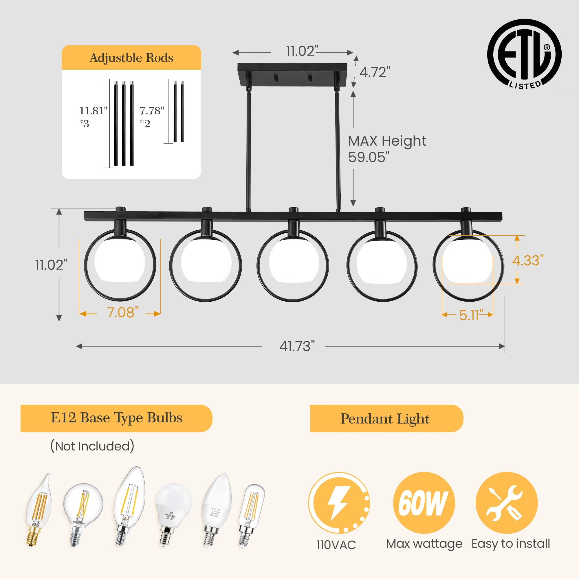 Lámpara colgante minimalista de hierro y cristal con 5 luces