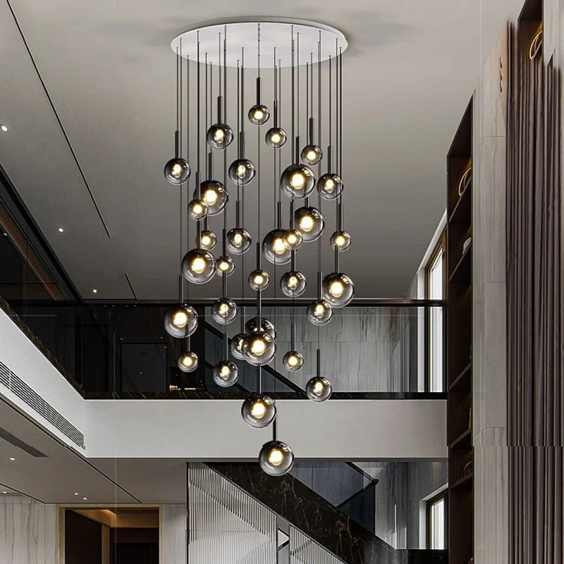 Smoked Glass Ball Cluster Staircase Chandelier with LED Globes
