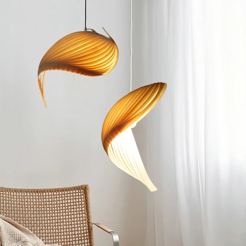 Japanese Wood Pendant Light Handmade Pleated Design