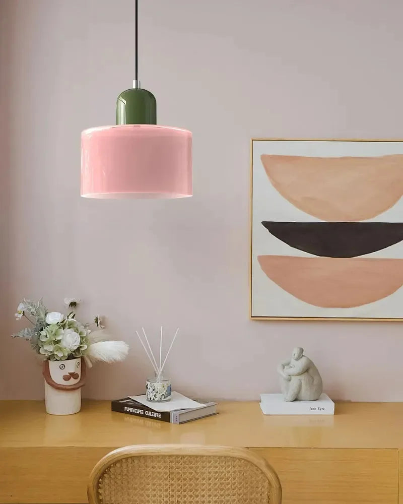 Retro Stained Glass Cylinder Pendant Light in Pastel Colors for Bedside