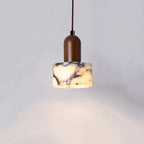 Veined Marble Cylinder Pendant Light with Walnut Top for Bar Counter
