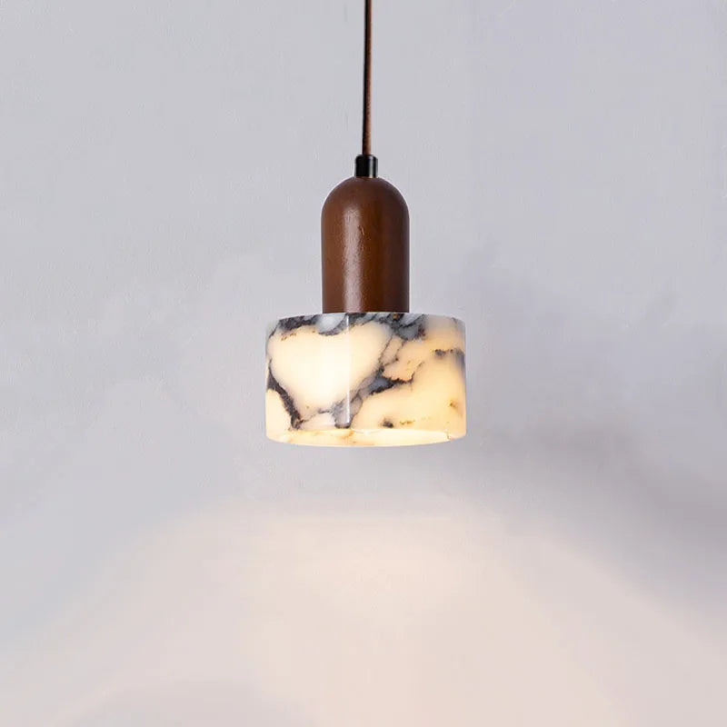 Veined Marble Cylinder Pendant Light with Walnut Top for Bar Counter