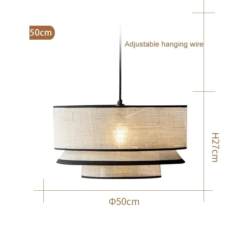 Japanese Linen Three Tier Drum Pendant Light with Black Trim for Dining Room