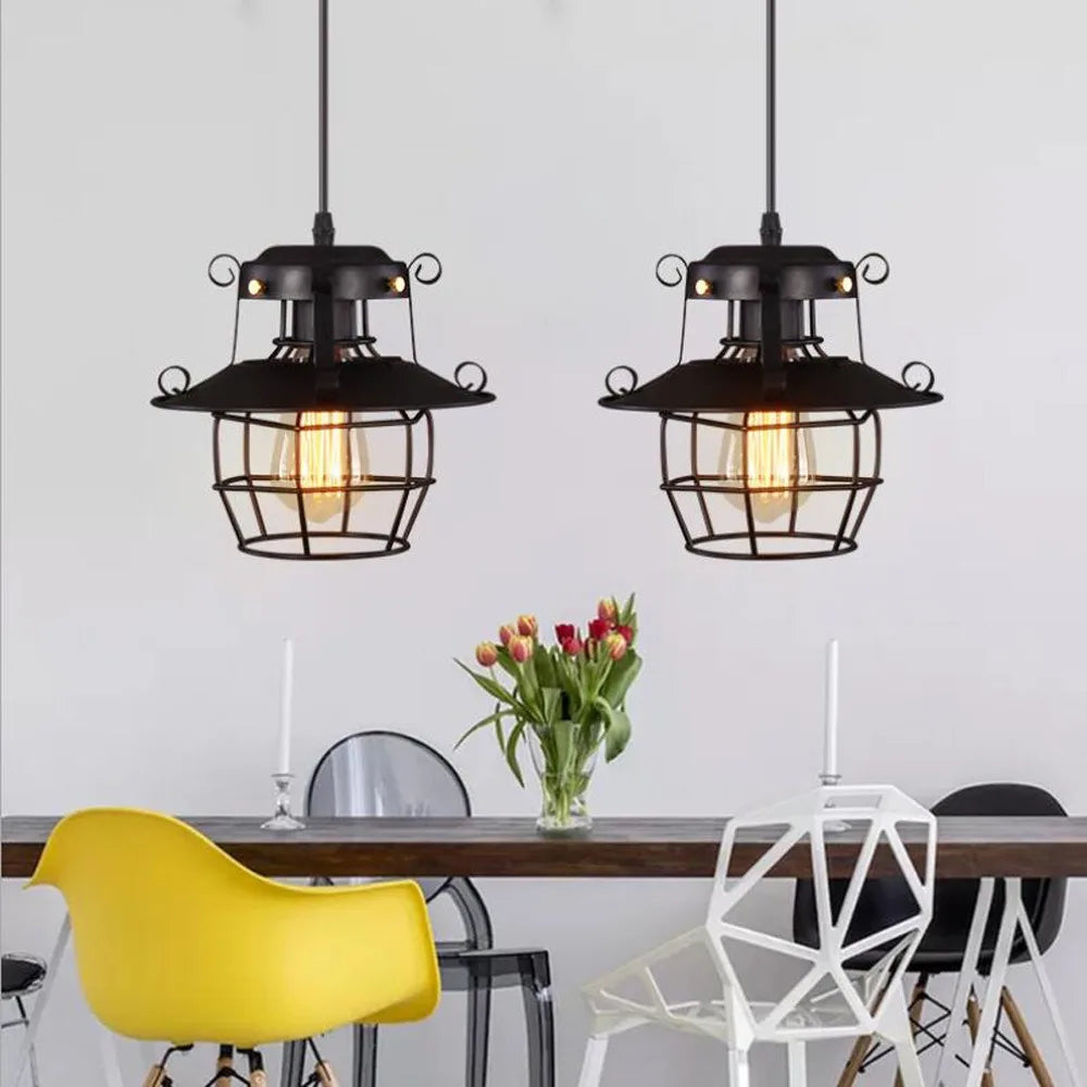 Industrial Black Caged Lantern Pendant Light for Bar and Hallway