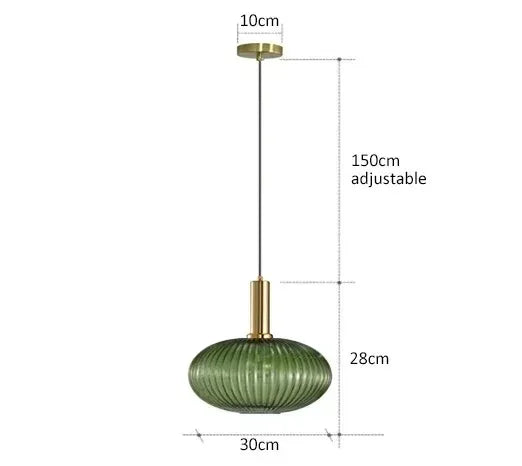 Nordic Modern Ribbed Glass Pendant Light Green/Grey/Amber Glass Hanging Lamp for Kitchen Island Dining Room Home Decor E27