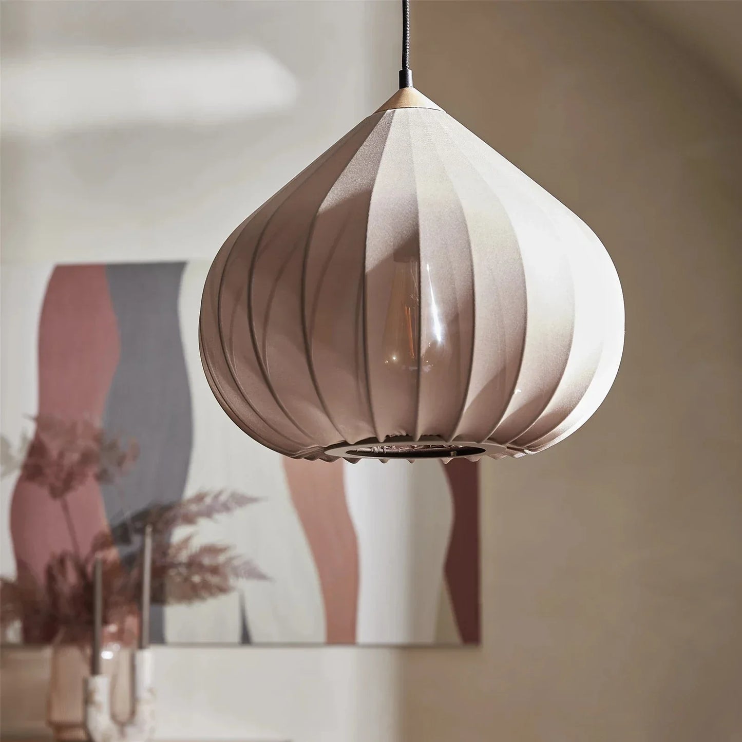 Minimalist Fabric Pendant Light with Wood Accent