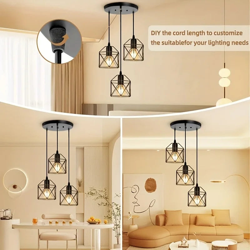 Industrial Black Wire Cage 3 Light Cluster Pendant for Dining Room