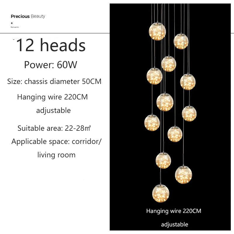 Starry Glass Ball Cluster Chandelier for Staircase in Smoky Gray and Cognac