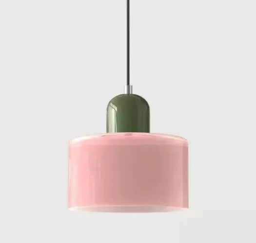 Retro Stained Glass Cylinder Pendant Light in Pastel Colors for Bedside