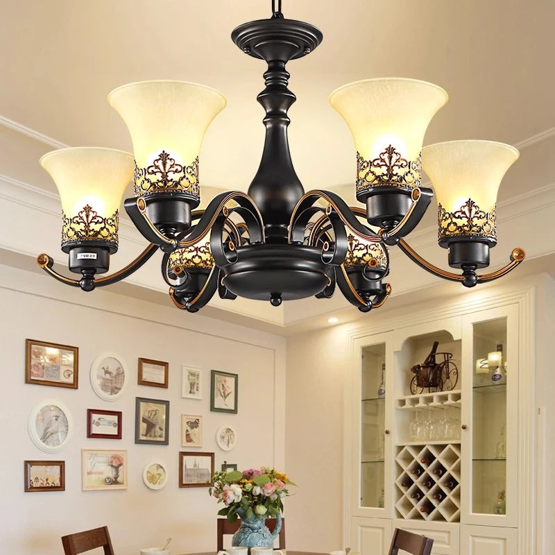 Vintage Loft Wrought Iron Pendant Chandelier with Glass