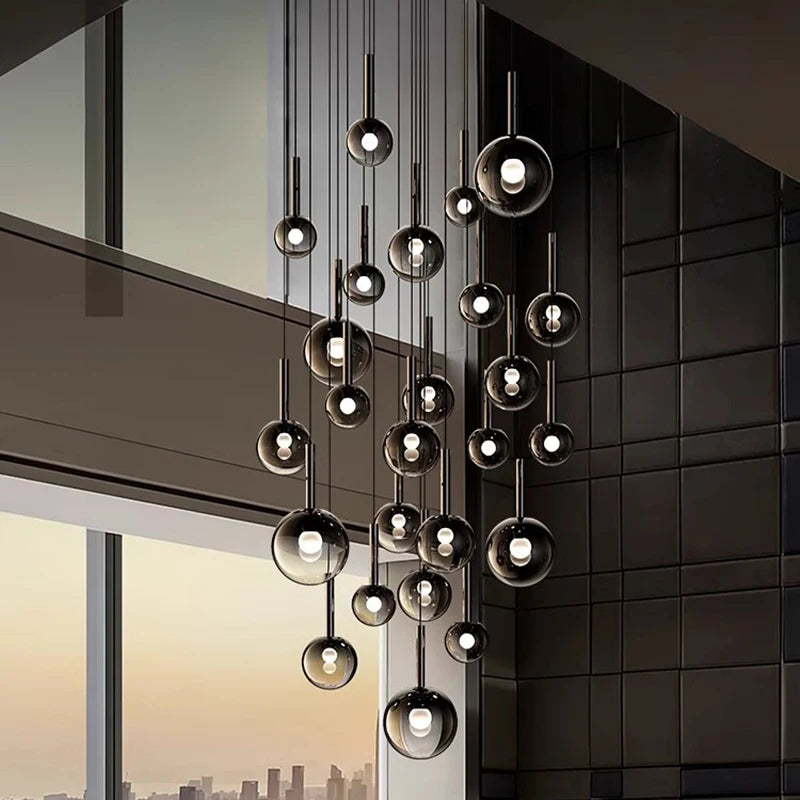 Smoked Glass Ball Cluster Staircase Chandelier with LED Globes
