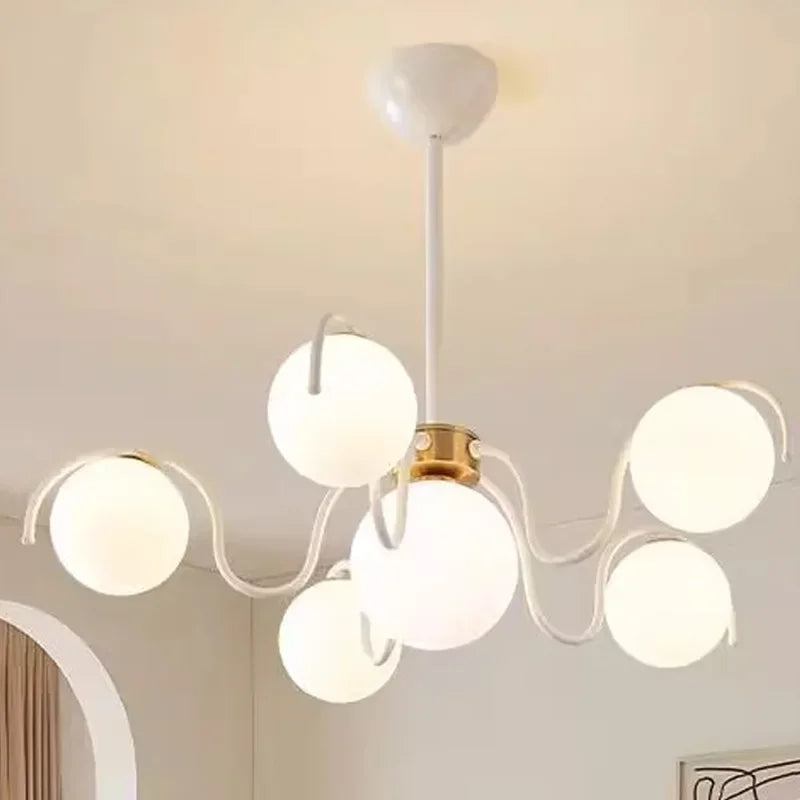 French Cream Squiggle Chandelier with Opal Glass Globes in Red and White