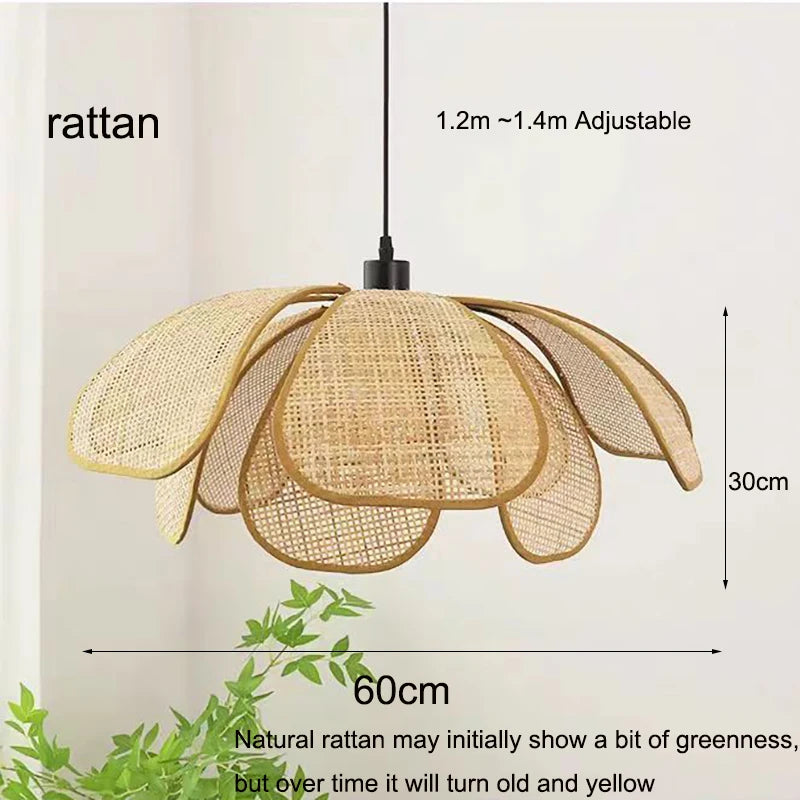 Retro Rural Hand-woven Natural Rattan Petal Chandelier Japanese-Southeast Asian Dining Room Bedroom Chandelier Artistic Atmosp