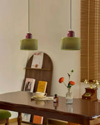 Retro Stained Glass Cylinder Pendant Light in Pastel Colors for Bedside