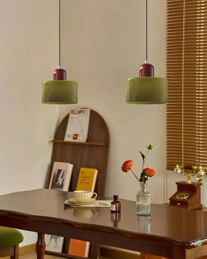 Retro Stained Glass Cylinder Pendant Light in Pastel Colors for Bedside