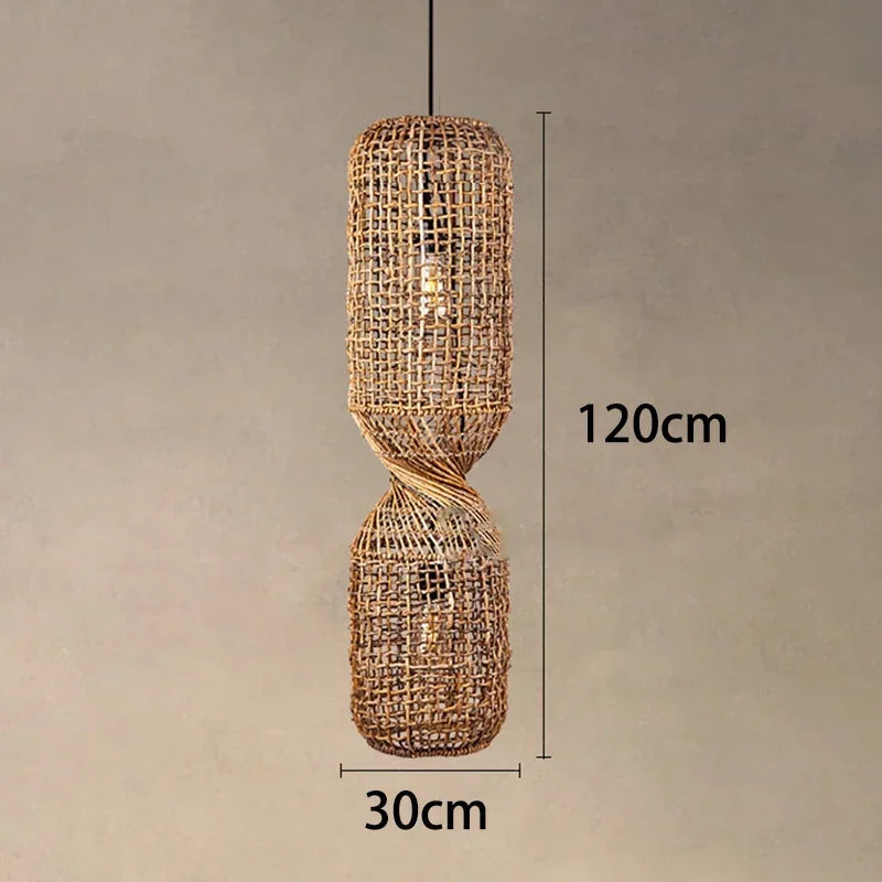 Hand Woven Rattan Column Pendant Light for Staircase and Living Room