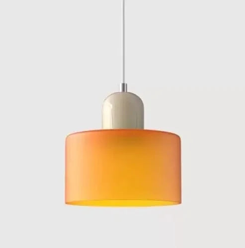 Retro Stained Glass Cylinder Pendant Light in Pastel Colors for Bedside
